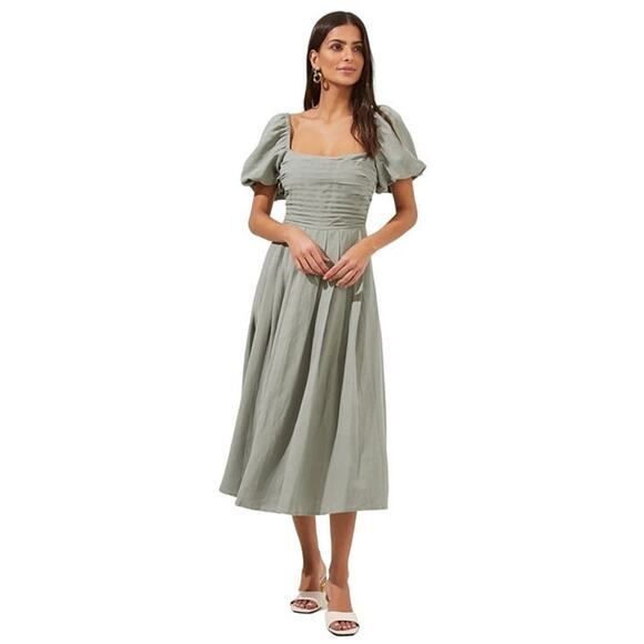 ASTR Label Pleated Bodice Bubble Sleeve Midi Dress Smocked Sage XL NWT - Picture 1 of 10